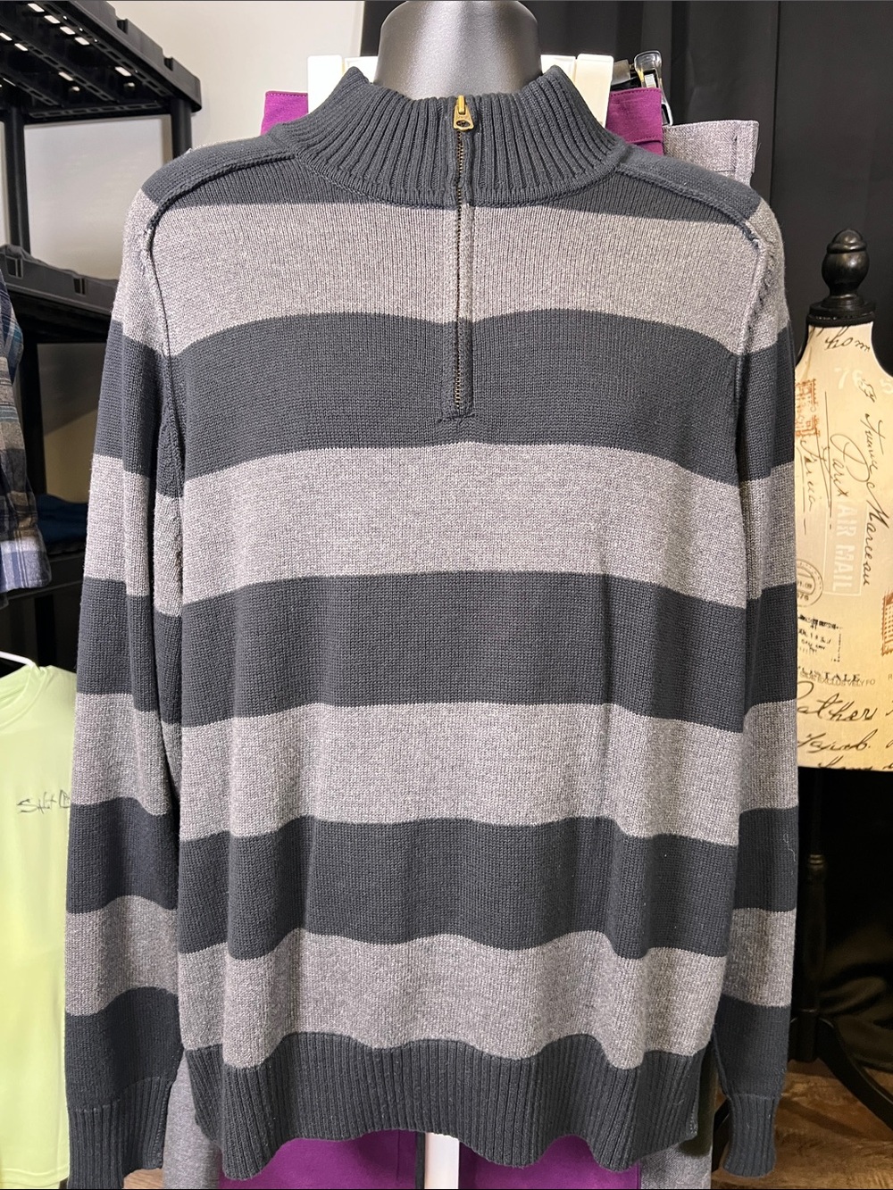 Sonoma Men's Gray and Charcoal Striped Half-Zip Sweater